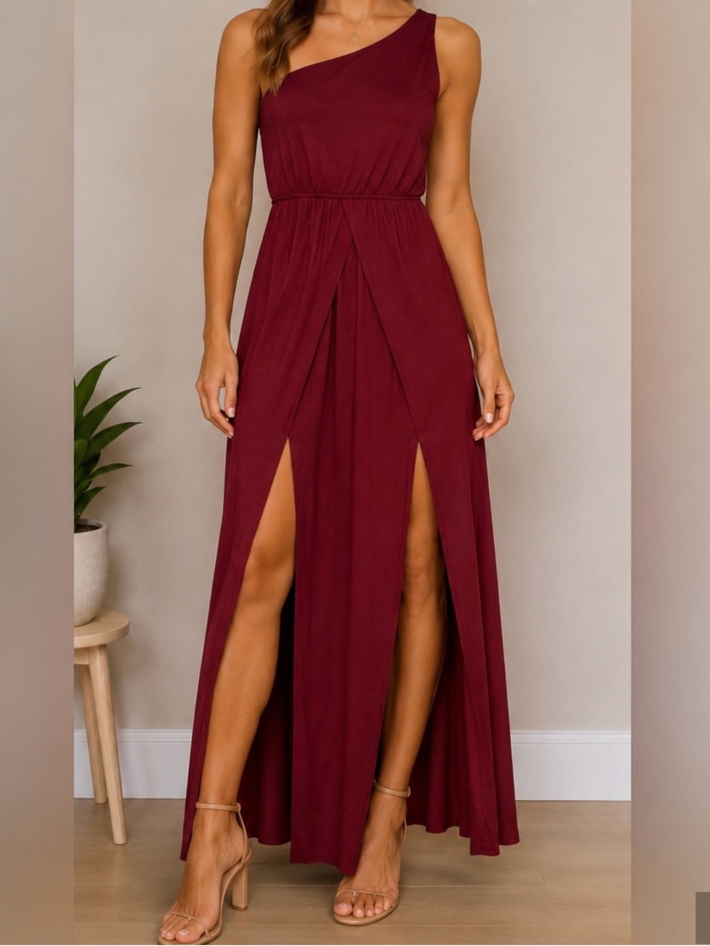 Burgundy One-Shoulder Double Slit Maxi Dress Size L